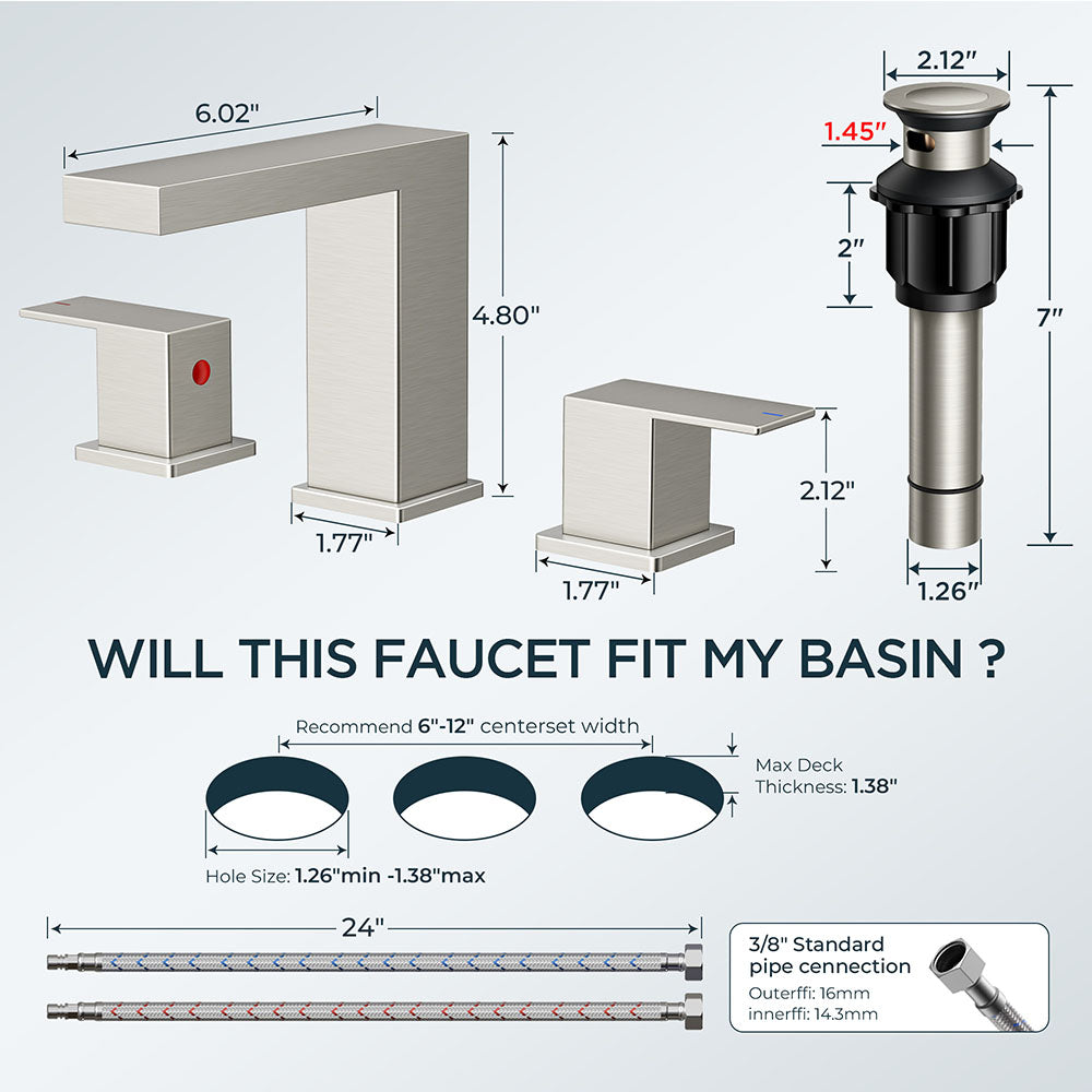 FORIOUS Matte Black Waterfall Bathroom Faucet 3 Hole, 8 Inch Widespread Square Bathroom Sink Faucet with Metal Pop-Up Drain and cUPC Supply Lines Included for Restroom, Lavatory, Vanity Sink