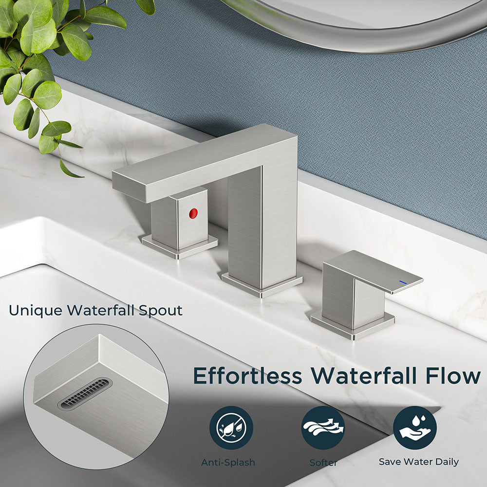 FORIOUS Matte Black Waterfall Bathroom Faucet 3 Hole, 8 Inch Widespread Square Bathroom Sink Faucet with Metal Pop-Up Drain and cUPC Supply Lines Included for Restroom, Lavatory, Vanity Sink