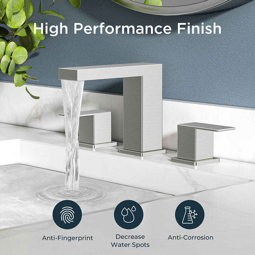 FORIOUS Matte Black Waterfall Bathroom Faucet 3 Hole, 8 Inch Widespread Square Bathroom Sink Faucet with Metal Pop-Up Drain and cUPC Supply Lines Included for Restroom, Lavatory, Vanity Sink