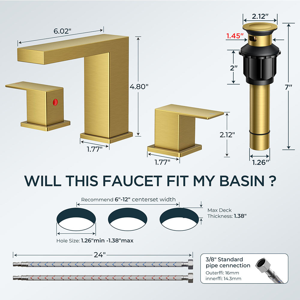 FORIOUS Matte Black Waterfall Bathroom Faucet 3 Hole, 8 Inch Widespread Square Bathroom Sink Faucet with Metal Pop-Up Drain and cUPC Supply Lines Included for Restroom, Lavatory, Vanity Sink
