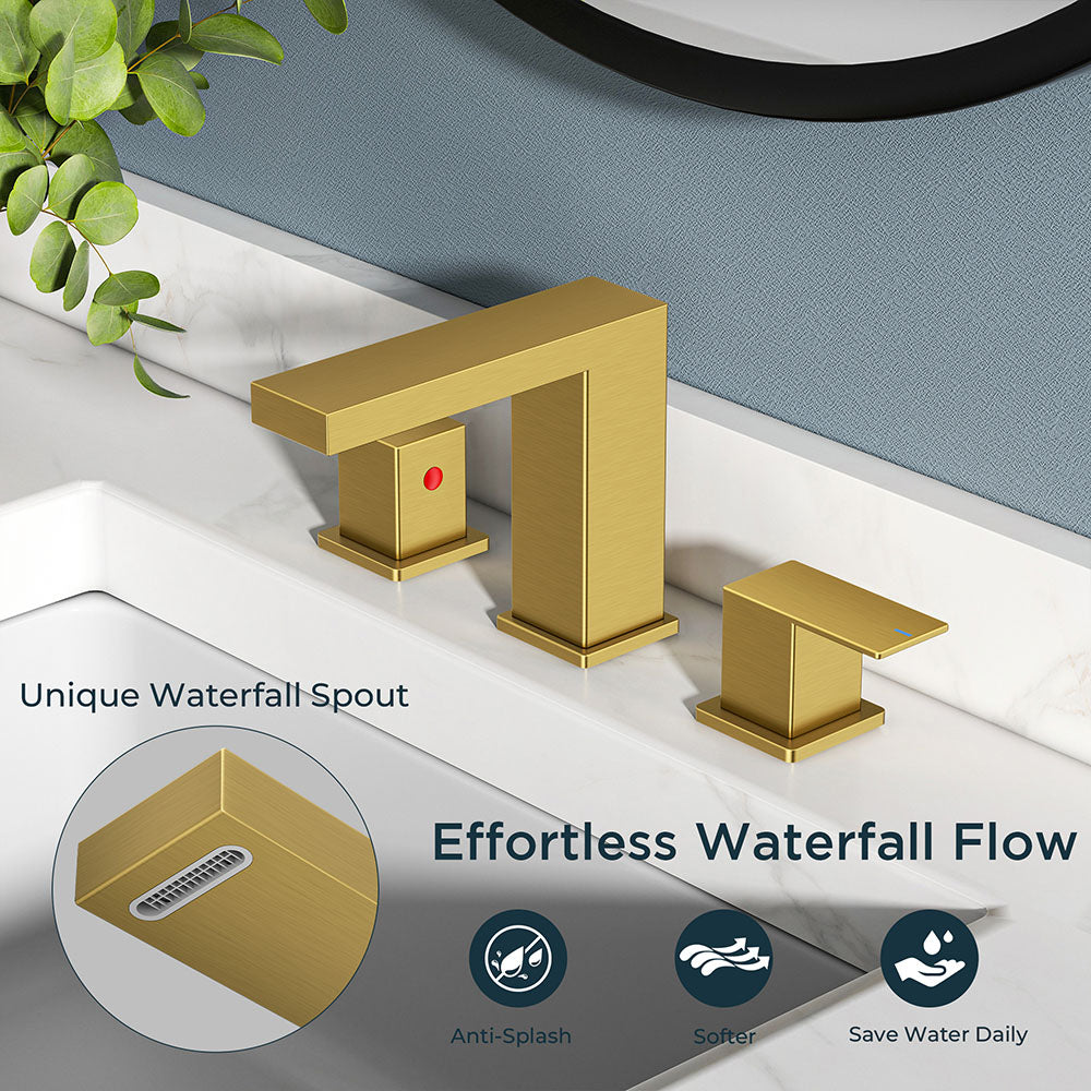 FORIOUS Matte Black Waterfall Bathroom Faucet 3 Hole, 8 Inch Widespread Square Bathroom Sink Faucet with Metal Pop-Up Drain and cUPC Supply Lines Included for Restroom, Lavatory, Vanity Sink