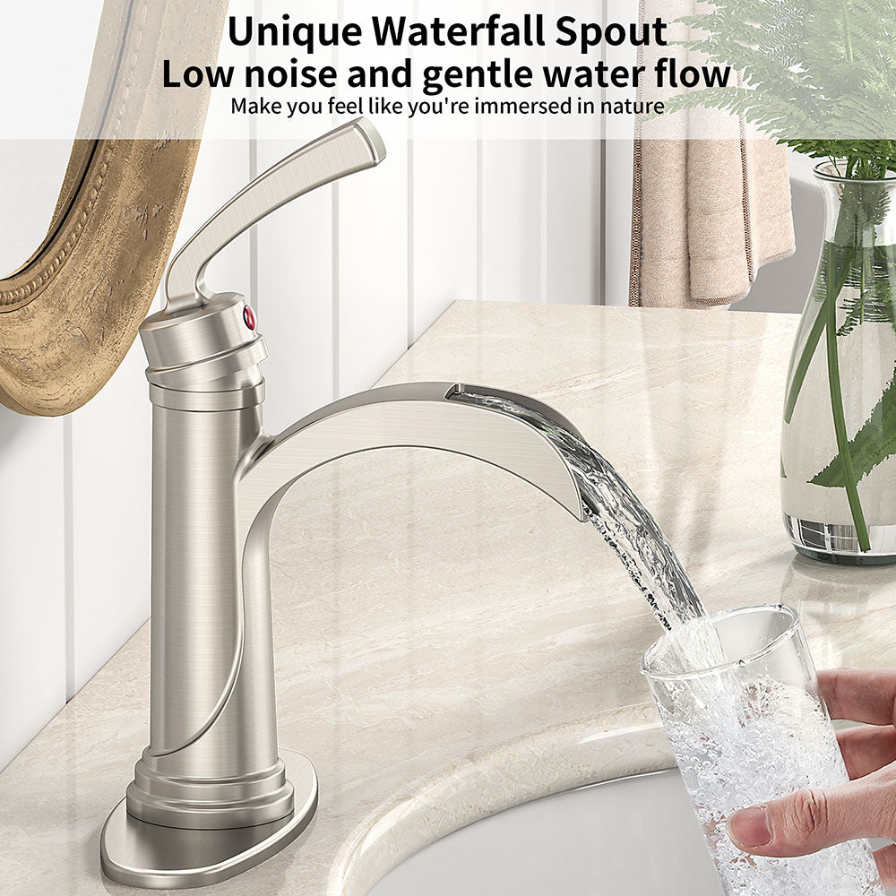 FORIOUS  Bathroom Faucet Single Handle One Hole Antique Waterfall Bathroom Faucet with Metal Pop Up Drain and Deck Plate for Lavatory Vanity Farmhouse RV