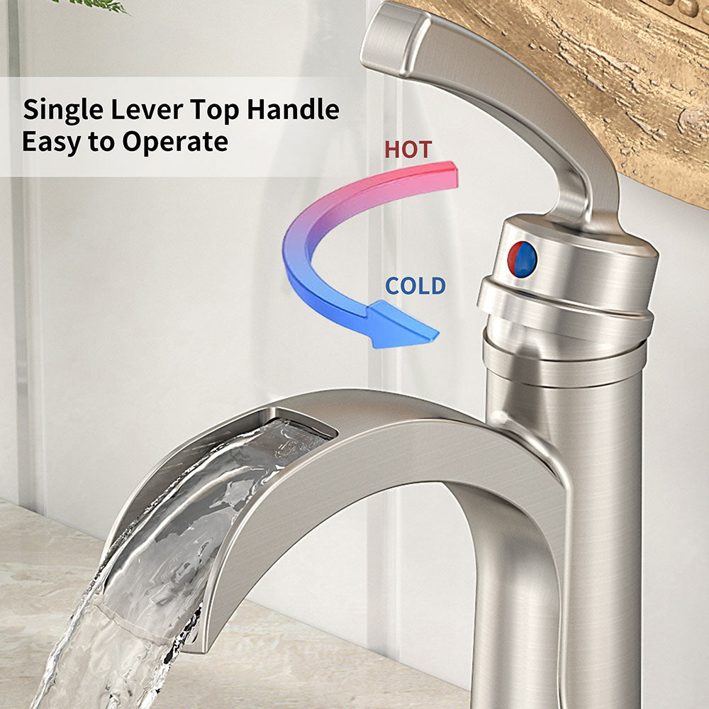 FORIOUS  Bathroom Faucet Single Handle One Hole Antique Waterfall Bathroom Faucet with Metal Pop Up Drain and Deck Plate for Lavatory Vanity Farmhouse RV