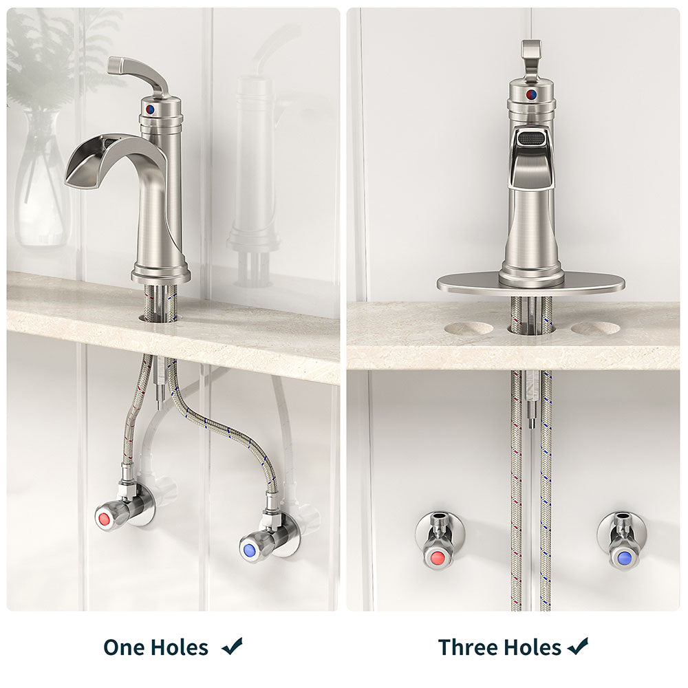 FORIOUS  Bathroom Faucet Single Handle One Hole Antique Waterfall Bathroom Faucet with Metal Pop Up Drain and Deck Plate for Lavatory Vanity Farmhouse RV