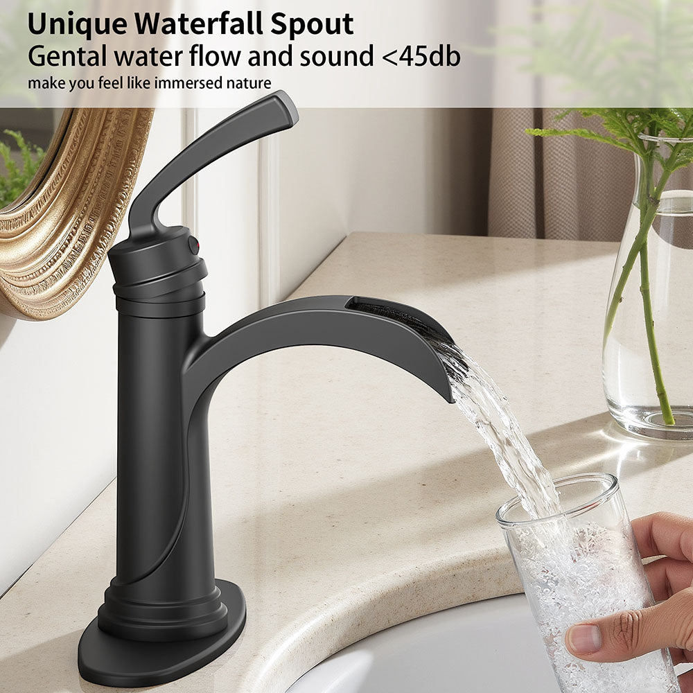FORIOUS  Bathroom Faucet Single Handle One Hole Antique Waterfall Bathroom Faucet with Metal Pop Up Drain and Deck Plate for Lavatory Vanity Farmhouse RV