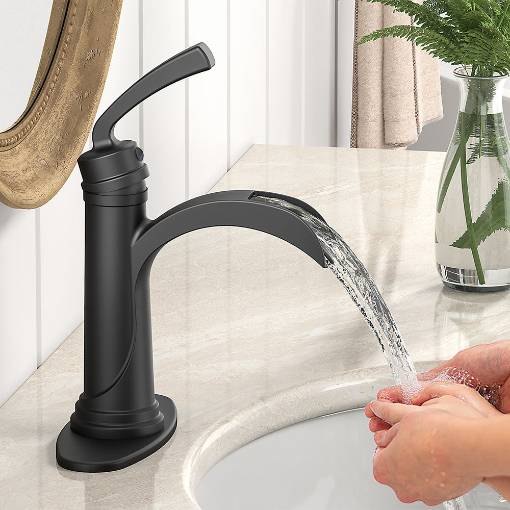 FORIOUS  Bathroom Faucet Single Handle One Hole Antique Waterfall Bathroom Faucet with Metal Pop Up Drain and Deck Plate for Lavatory Vanity Farmhouse RV