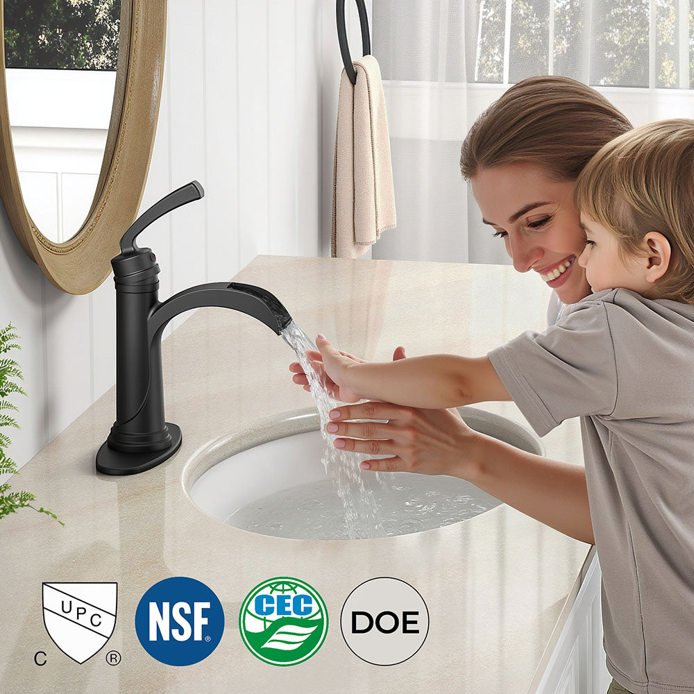 FORIOUS  Bathroom Faucet Single Handle One Hole Antique Waterfall Bathroom Faucet with Metal Pop Up Drain and Deck Plate for Lavatory Vanity Farmhouse RV