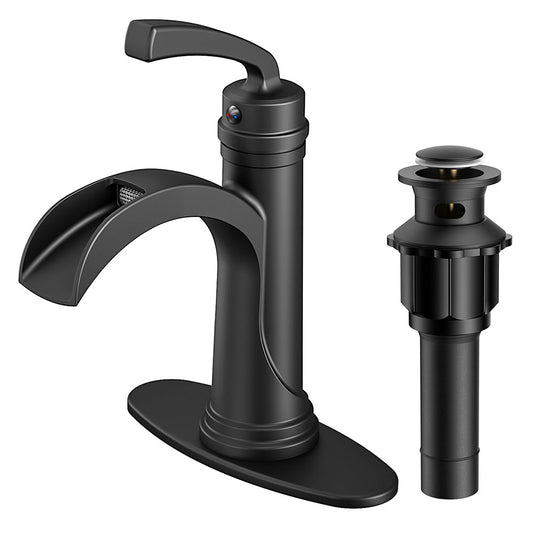 FORIOUS  Bathroom Faucet Single Handle One Hole Antique Waterfall Bathroom Faucet with Metal Pop Up Drain and Deck Plate for Lavatory Vanity Farmhouse RV