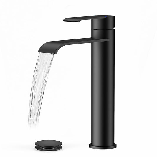 FORIOUS Black，Brushed Nickel， Gold Bathroom Vessel Sink Faucet One Hole with Pop up Drain and 24 Inch CUPC Supply Hose, Waterfall Single Handle Matte Black Bathroom Faucet 1 Hole RV, Tall Basin Sink Tap FB-39058*-H