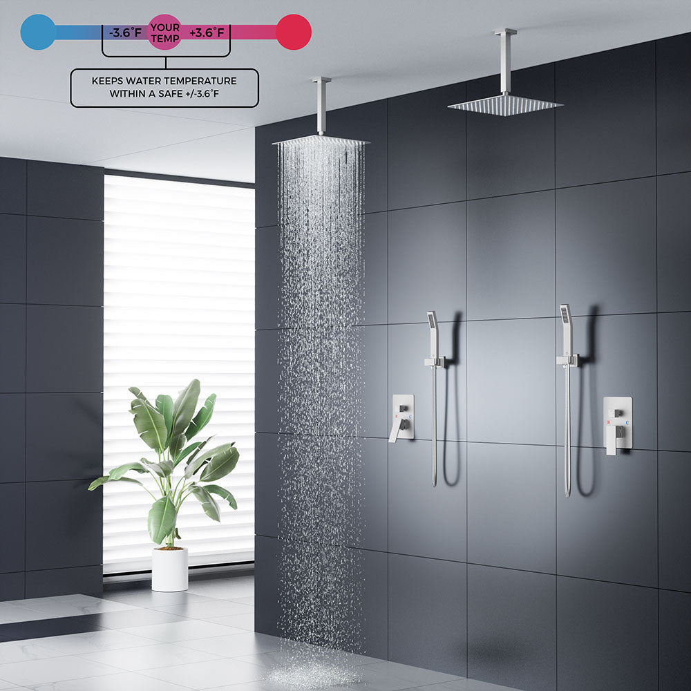 FORIOUS Shower Head System, 10 Inch Rain Shower Faucet Set with Handheld Spray Combo Rough-in Valve, Solid Brass Pressure Balanced Valve Trim Kit, Ceiling Mount, Matte Black