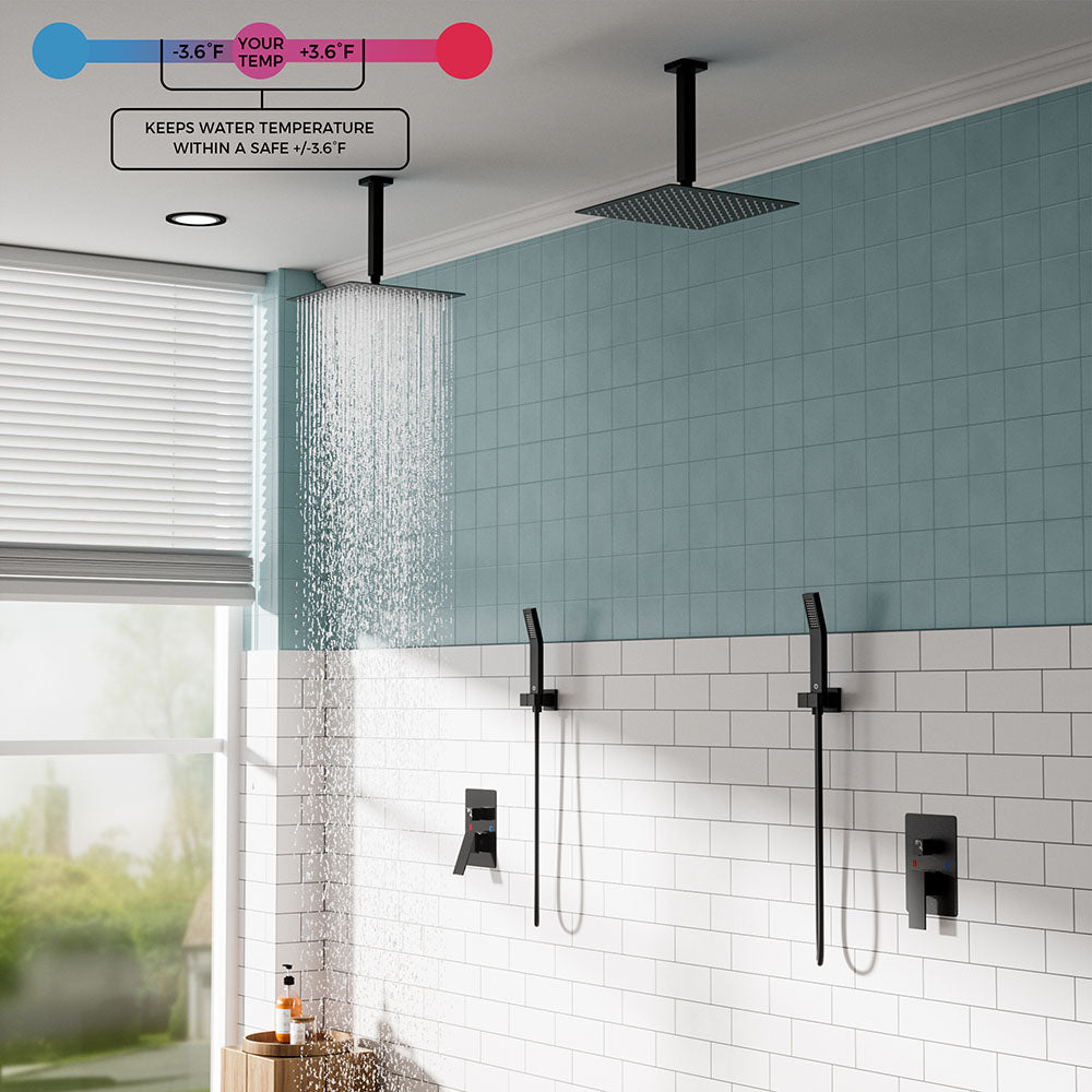 FORIOUS Shower Head System, 10 Inch Rain Shower Faucet Set with Handheld Spray Combo Rough-in Valve, Solid Brass Pressure Balanced Valve Trim Kit, Ceiling Mount, Matte Black