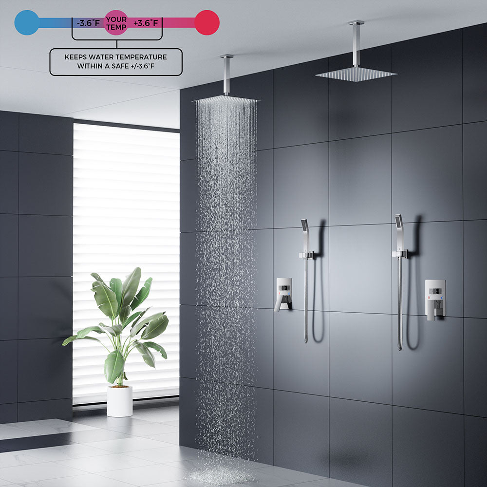 FORIOUS Shower Head System, 10 Inch Rain Shower Faucet Set with Handheld Spray Combo Rough-in Valve, Solid Brass Pressure Balanced Valve Trim Kit, Ceiling Mount, Matte Black