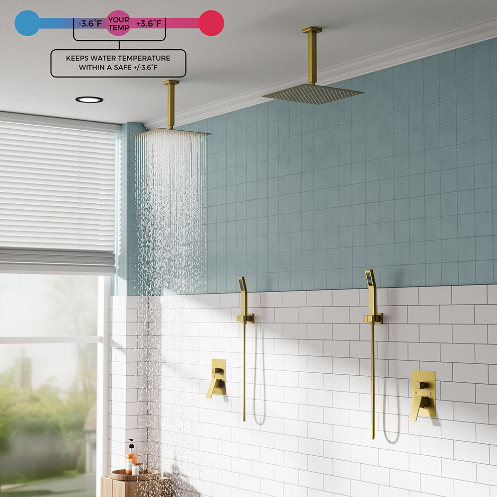 FORIOUS Shower Head System, 10 Inch Rain Shower Faucet Set with Handheld Spray Combo Rough-in Valve, Solid Brass Pressure Balanced Valve Trim Kit, Ceiling Mount, Matte Black