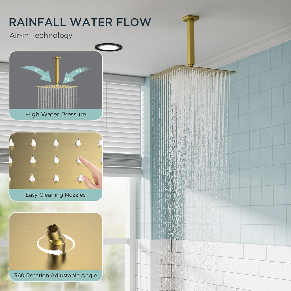 FORIOUS Shower Head System, 10 Inch Rain Shower Faucet Set with Handheld Spray Combo Rough-in Valve, Solid Brass Pressure Balanced Valve Trim Kit, Ceiling Mount, Matte Black