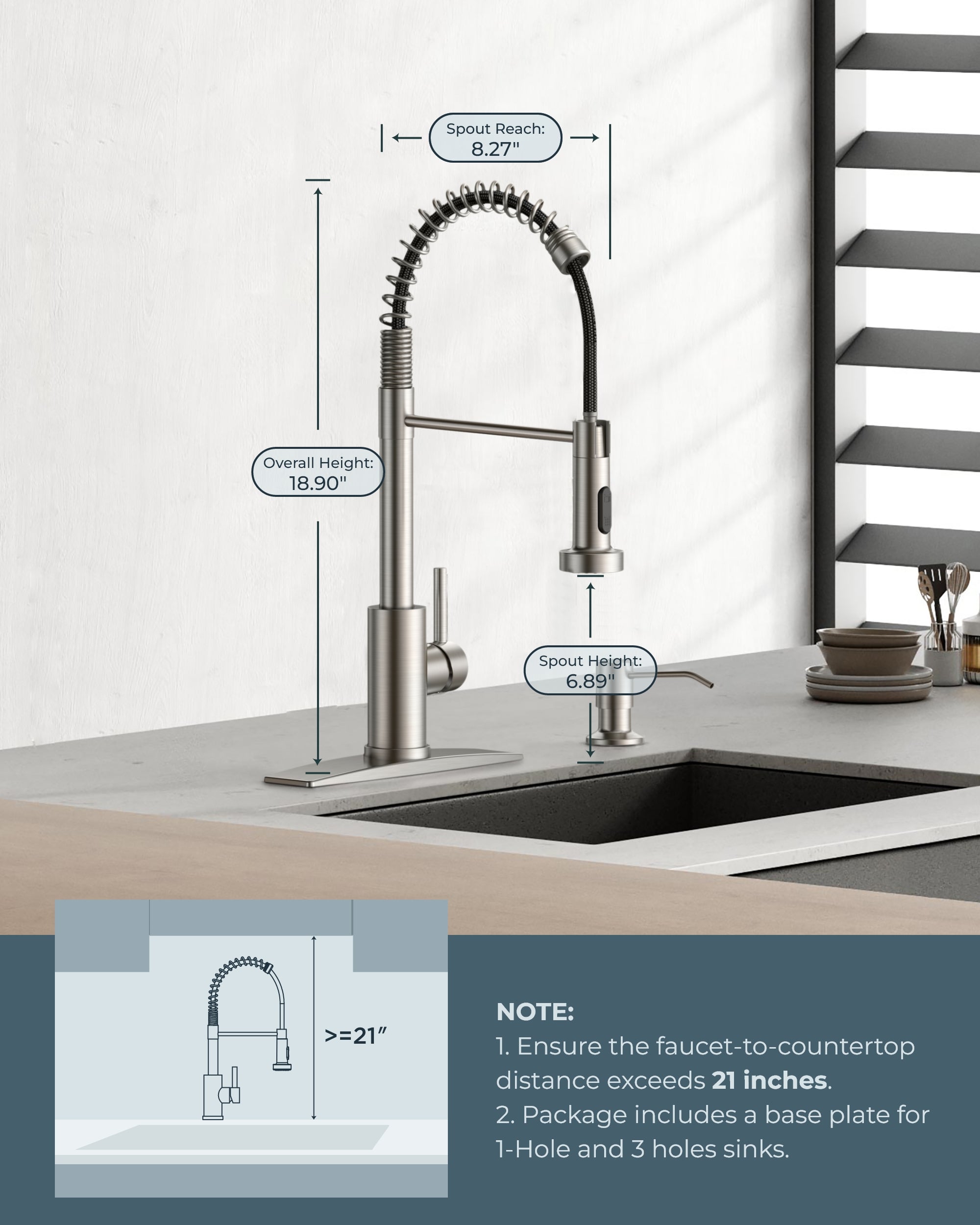 FORIOUS Kitchen Faucet with Soap Dispenser, Brushed Nickel Stainless Steel Spring Sink Faucet with Pull Down Sprayer Transitional Single Handle for Pot Filler, Farmhouse Camper Bar Laundry Room