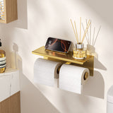 FORIOUS Double Toilet Paper Holder with Shelf, Wall Mount Tissue Roll Holder for Bathroom, 304 Stainless Steel Commercial Toilet Paper Dispenser with Phone Shelf, Brushed Nickel
