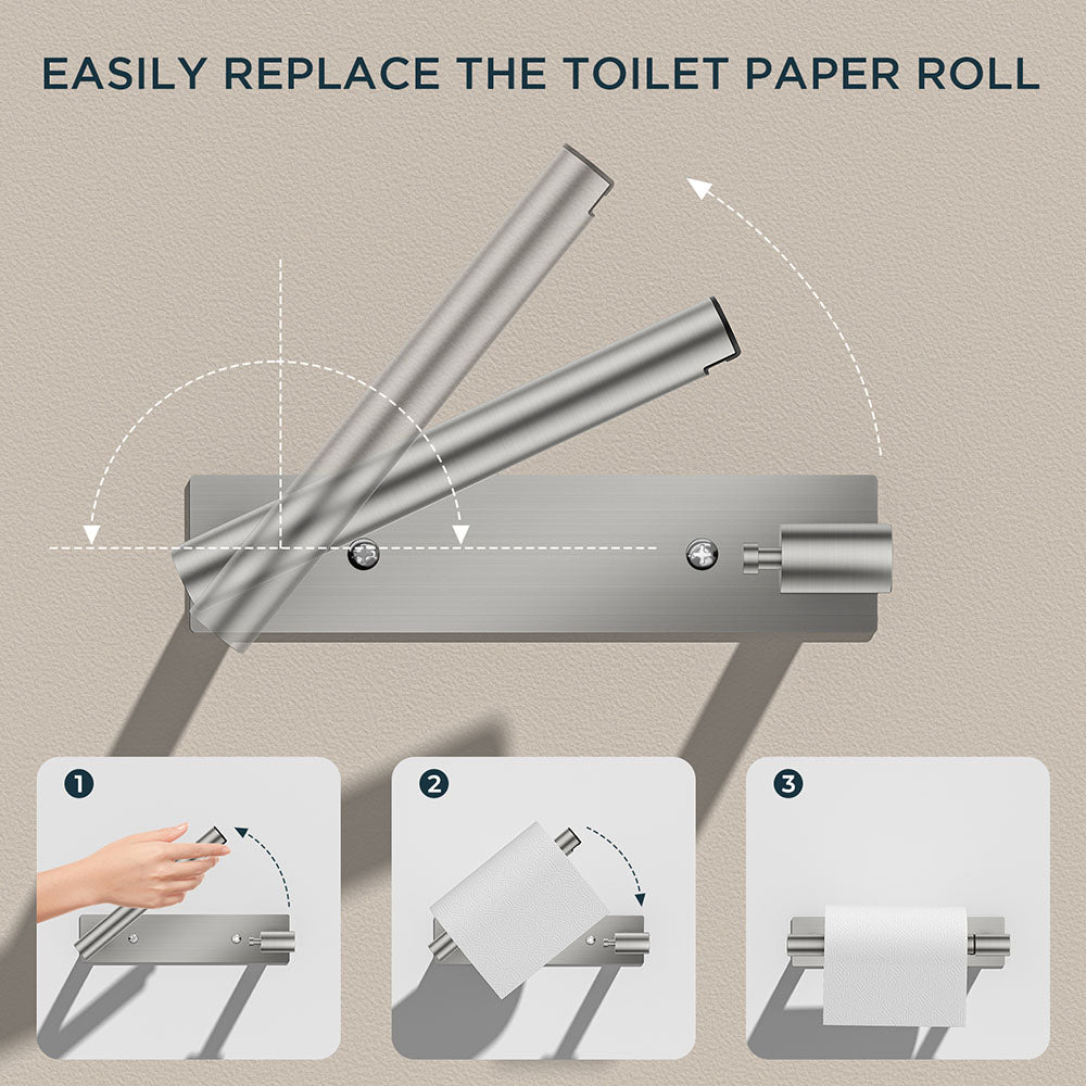 FORIOUS Black Toilet Paper Holder, Adhesive or Wall Mounted Options, Stainless Steel Rustproof Stick on no Drilling Double Post Pivoting Toilet Tissue Roll Holder Wall Mount for Bathroom, Matte Black