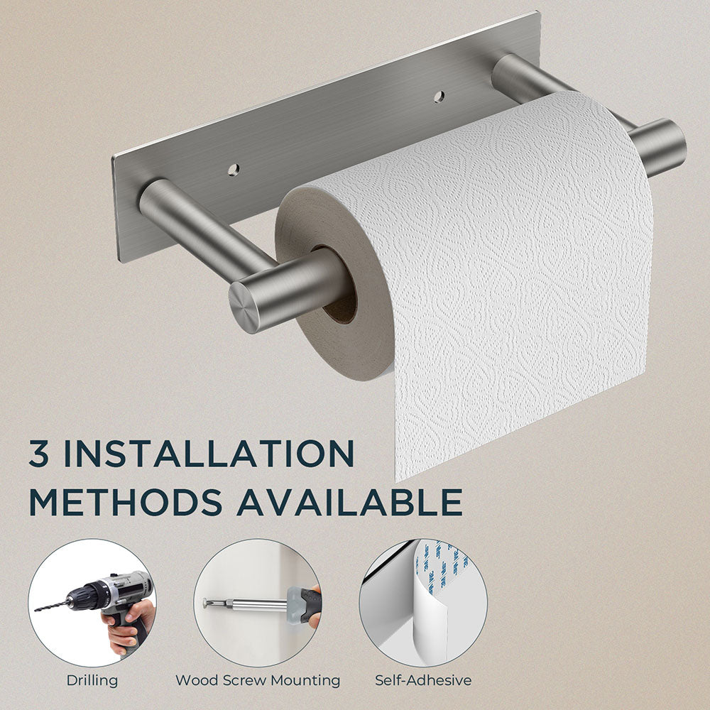 FORIOUS Black Toilet Paper Holder, Adhesive or Wall Mounted Options, Stainless Steel Rustproof Stick on no Drilling Double Post Pivoting Toilet Tissue Roll Holder Wall Mount for Bathroom, Matte Black