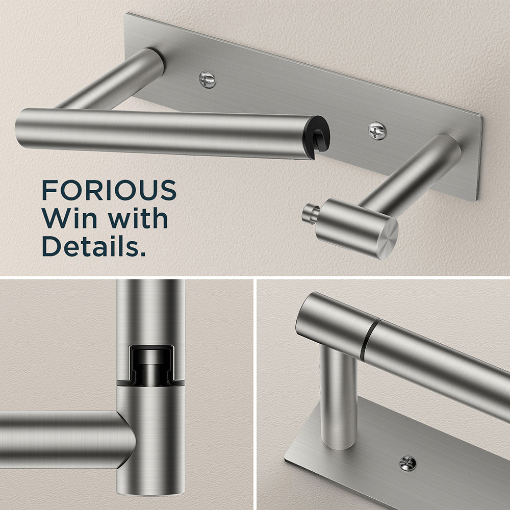 FORIOUS Black Toilet Paper Holder, Adhesive or Wall Mounted Options, Stainless Steel Rustproof Stick on no Drilling Double Post Pivoting Toilet Tissue Roll Holder Wall Mount for Bathroom, Matte Black