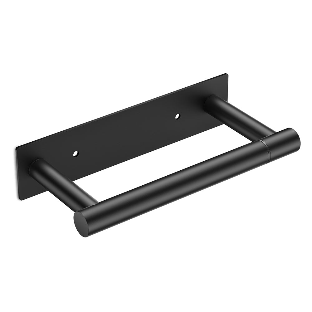 FORIOUS Black Toilet Paper Holder, Adhesive or Wall Mounted Options, Stainless Steel Rustproof Stick on no Drilling Double Post Pivoting Toilet Tissue Roll Holder Wall Mount for Bathroom, Matte Black