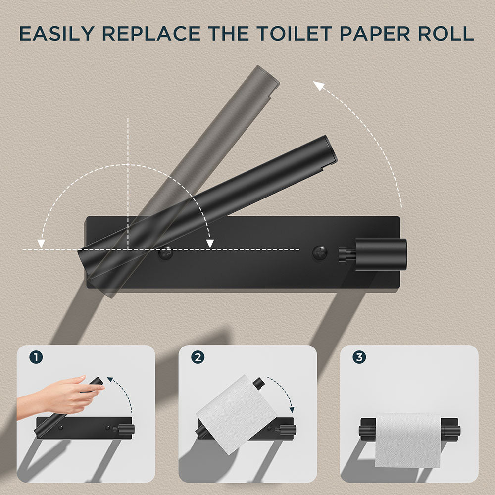FORIOUS Black Toilet Paper Holder, Adhesive or Wall Mounted Options, Stainless Steel Rustproof Stick on no Drilling Double Post Pivoting Toilet Tissue Roll Holder Wall Mount for Bathroom, Matte Black