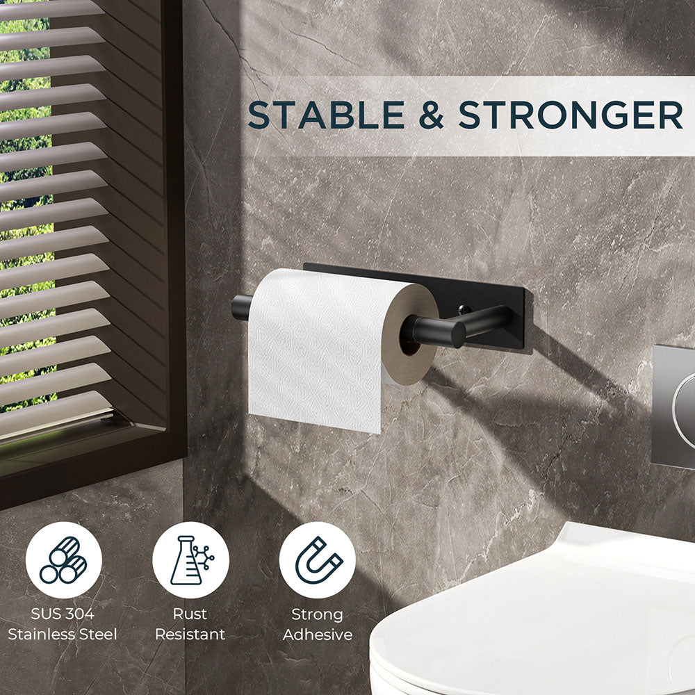 FORIOUS Black Toilet Paper Holder, Adhesive or Wall Mounted Options, Stainless Steel Rustproof Stick on no Drilling Double Post Pivoting Toilet Tissue Roll Holder Wall Mount for Bathroom, Matte Black