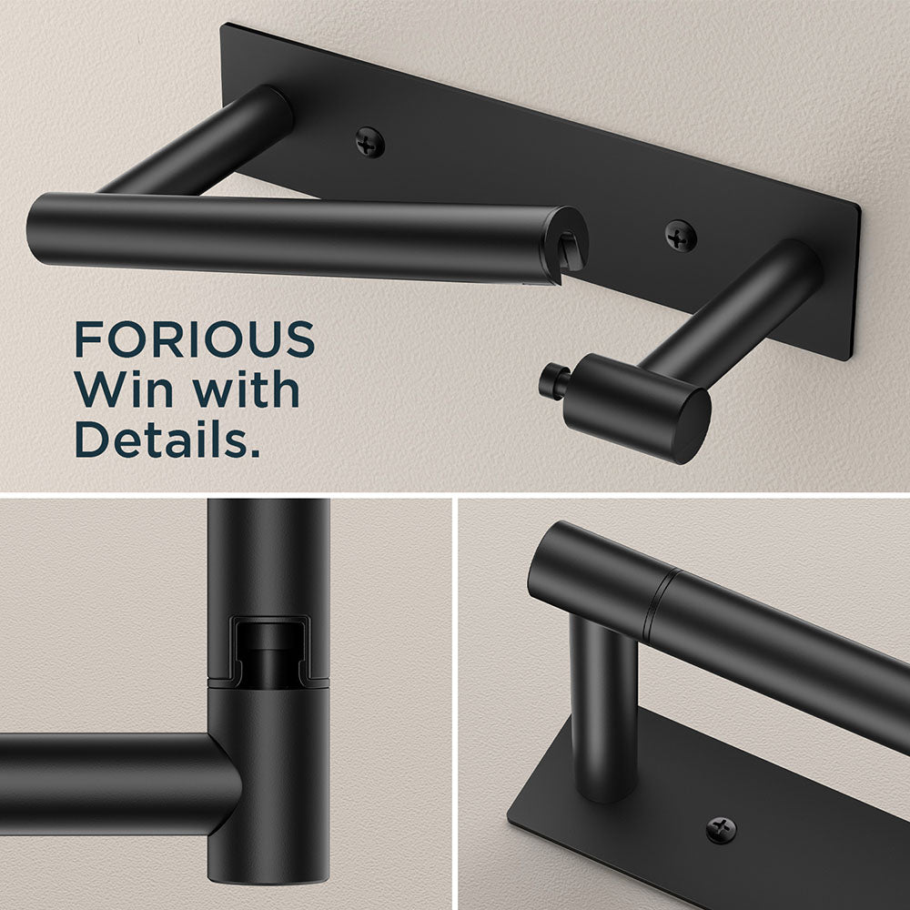 FORIOUS Black Toilet Paper Holder, Adhesive or Wall Mounted Options, Stainless Steel Rustproof Stick on no Drilling Double Post Pivoting Toilet Tissue Roll Holder Wall Mount for Bathroom, Matte Black