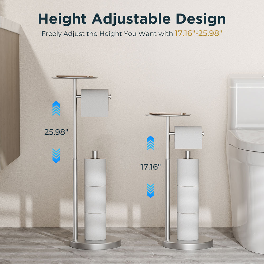 FORIOUS Toilet Paper Holder Stand with Shelf, Adjustable Height Freestanding Toilet Paper Stand with Storage, SUS 304 Stainless Steel and Weighted Base Tissue Roll Holder for Bathroom, Brushed Nickel
