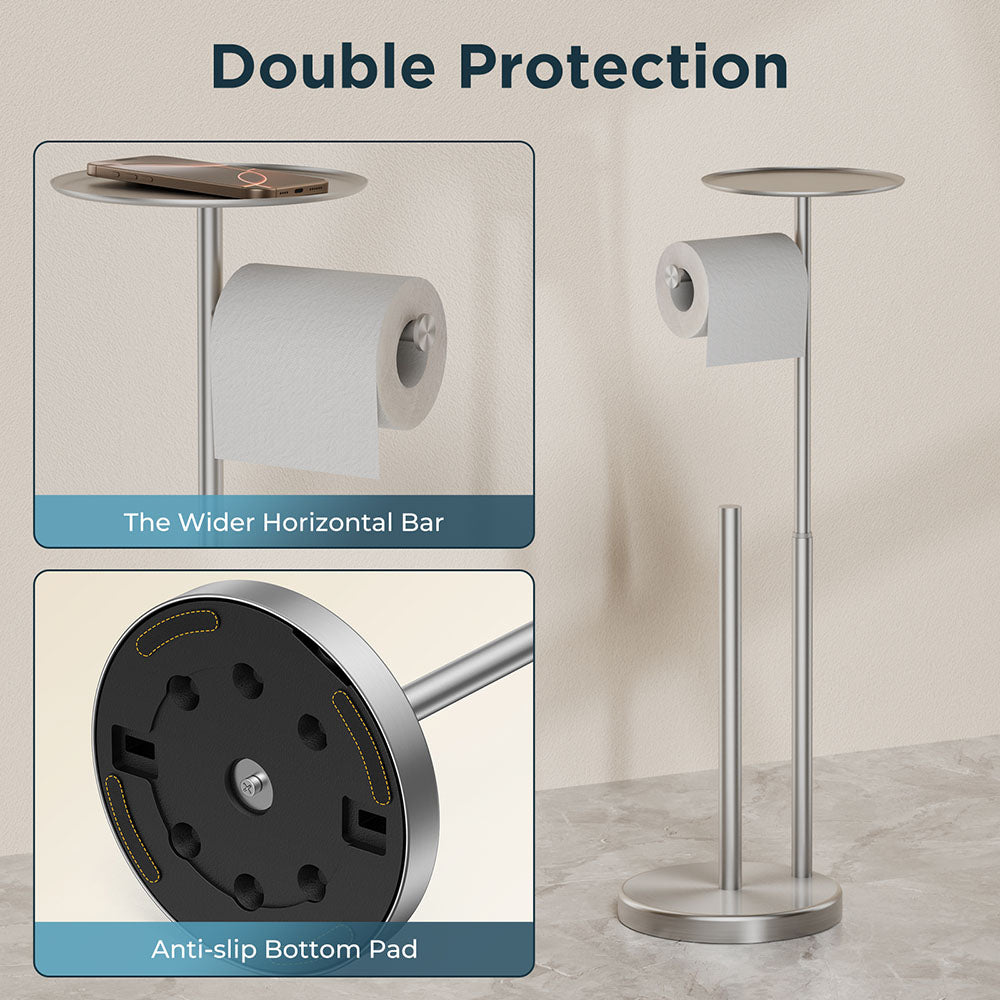 FORIOUS Toilet Paper Holder Stand with Shelf, Adjustable Height Freestanding Toilet Paper Stand with Storage, SUS 304 Stainless Steel and Weighted Base Tissue Roll Holder for Bathroom, Brushed Nickel