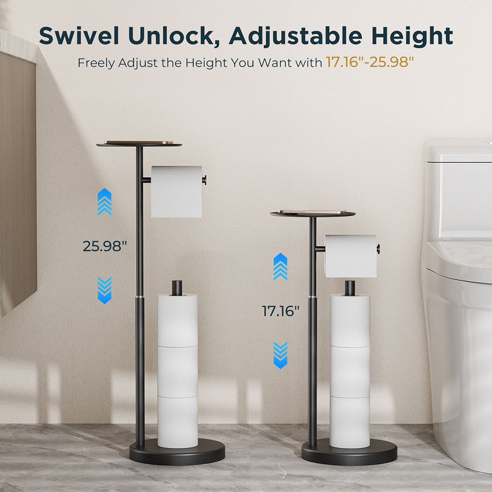 FORIOUS Toilet Paper Holder Stand with Shelf, Adjustable Height Freestanding Toilet Paper Stand with Storage, SUS 304 Stainless Steel and Weighted Base Tissue Roll Holder for Bathroom, Brushed Nickel
