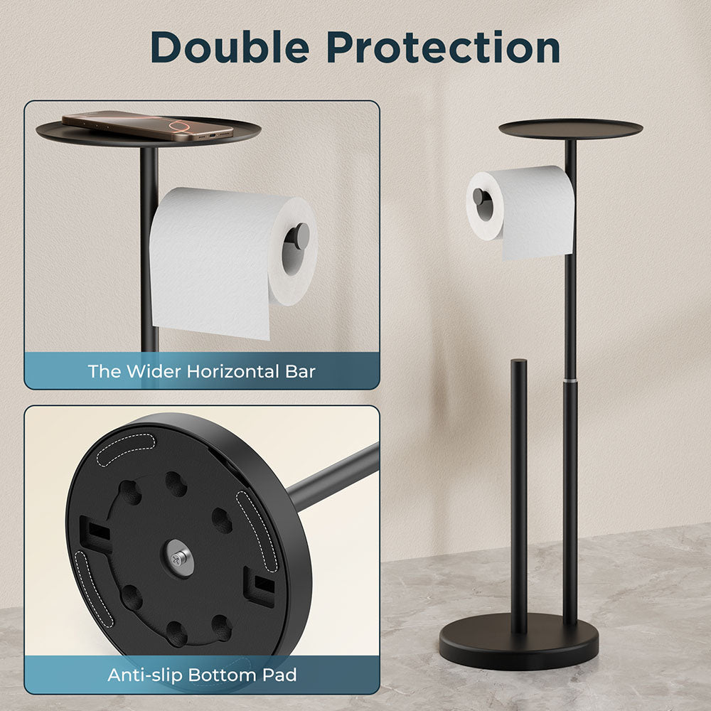 FORIOUS Toilet Paper Holder Stand with Shelf, Adjustable Height Freestanding Toilet Paper Stand with Storage, SUS 304 Stainless Steel and Weighted Base Tissue Roll Holder for Bathroom, Brushed Nickel