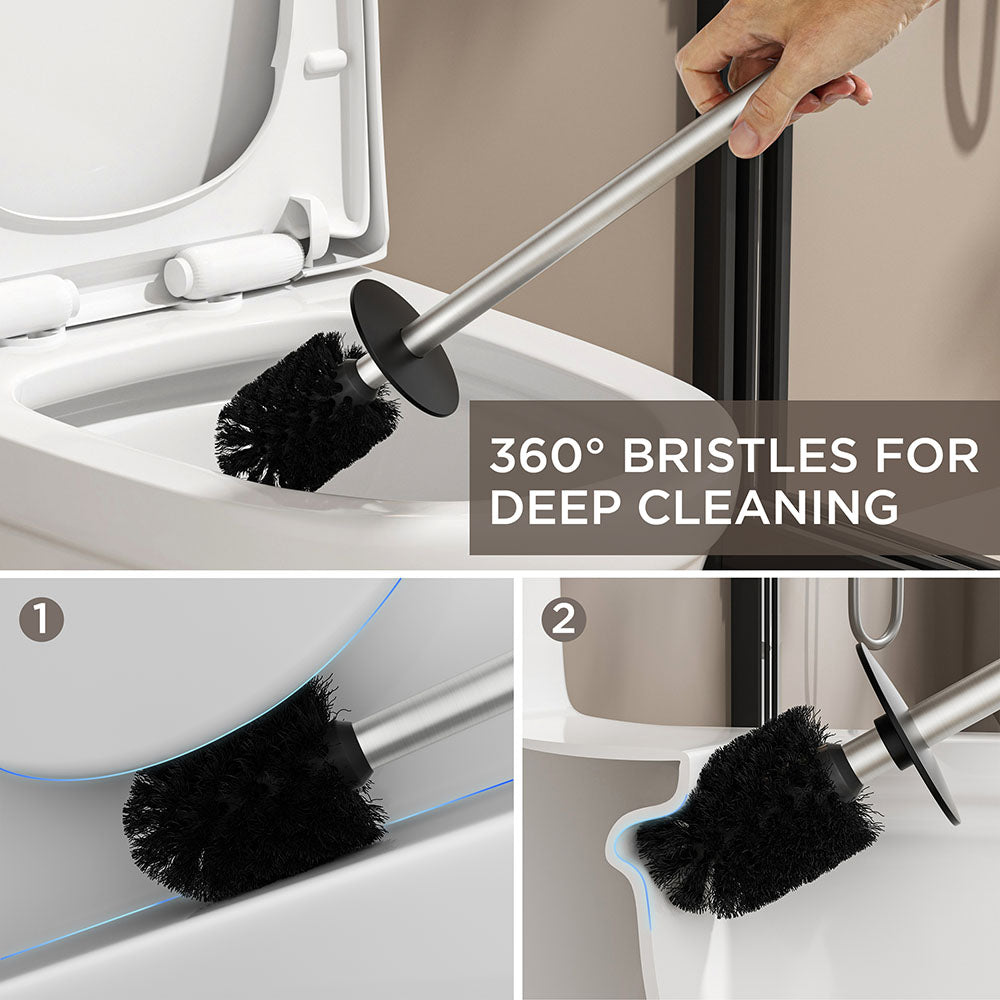 FORIOUS Toilet Brush and Holder Set, 304 Stainless Steel Heavy Duty Base and Handle for Bathroom Deep Cleaning, Toilet Bowl Cleaners Brush with Holder, Space Saving for Storage, Matte Black