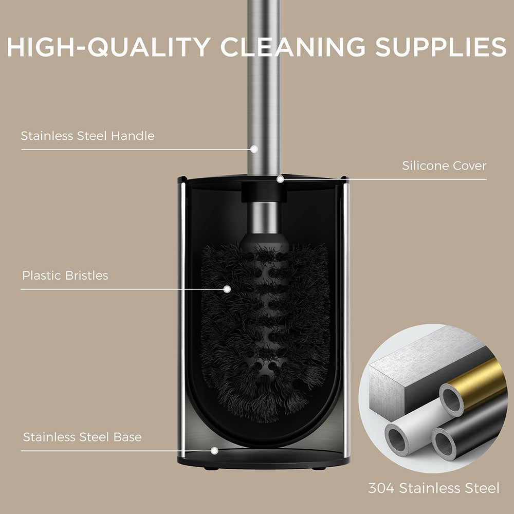 FORIOUS Toilet Brush and Holder Set, 304 Stainless Steel Heavy Duty Base and Handle for Bathroom Deep Cleaning, Toilet Bowl Cleaners Brush with Holder, Space Saving for Storage, Matte Black