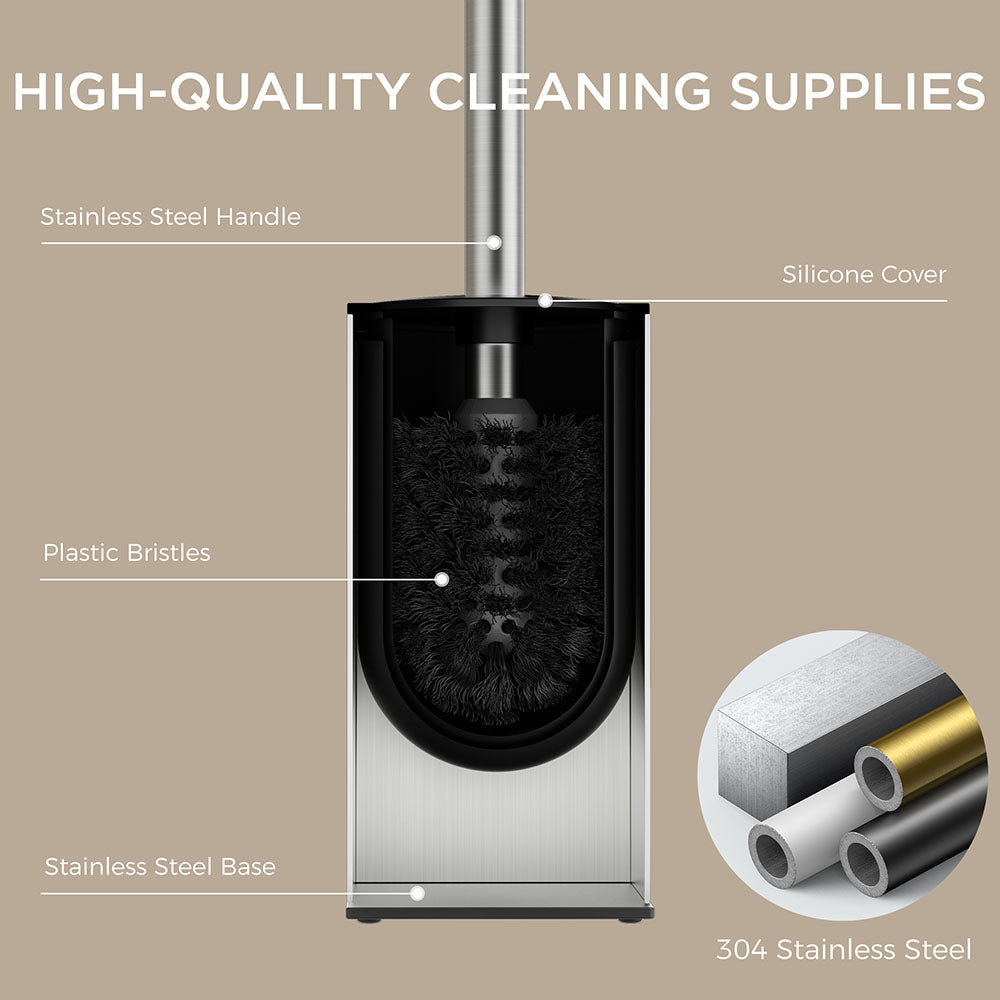 FORIOUS Square Toilet Brush and Holder Set Brushed Nickel, Heavy Duty 304 Stainless Steel Base & Handle, Toilet Bowl Cleaners Brush and Holder for Bathroom Storage and Organization
