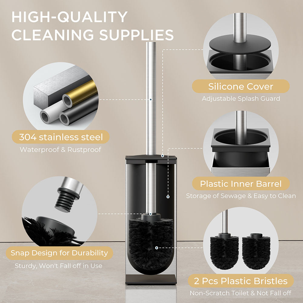FORIOUS Toilet Brush and Holder Set, Heavy Duty 304 Stainless Steel Base Square and Long Handle for Bathroom Deep Cleaning, Drip-Proof, Space Saving for Storage, 2 Toilet Bowl Brush Head, Black