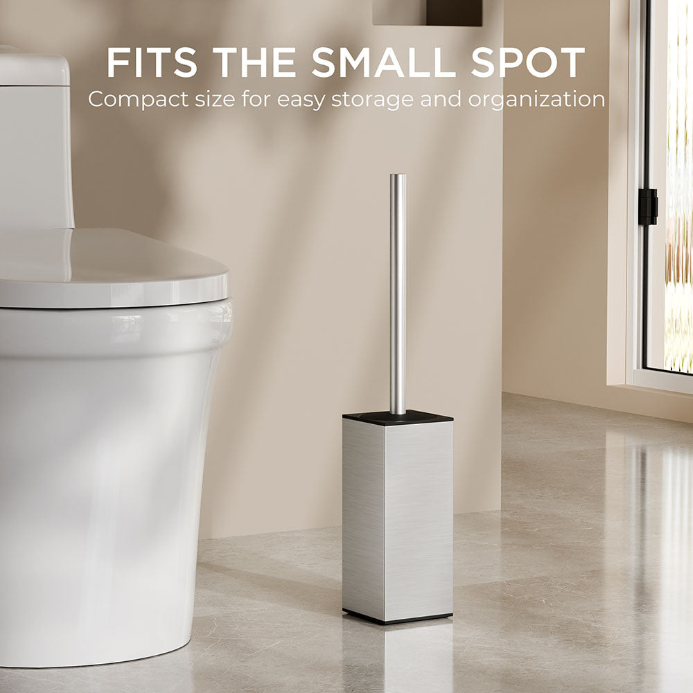 FORIOUS Toilet Brush and Holder Set, Heavy Duty 304 Stainless Steel Base Square and Long Handle for Bathroom Deep Cleaning, Drip-Proof, Space Saving for Storage, 2 Toilet Bowl Brush Head, Black