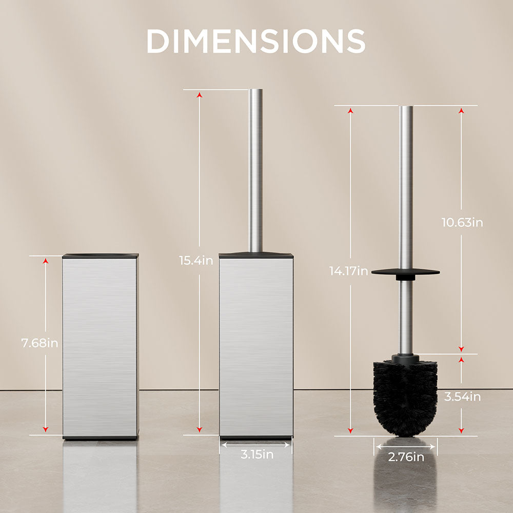 FORIOUS Toilet Brush and Holder Set, Heavy Duty 304 Stainless Steel Base Square and Long Handle for Bathroom Deep Cleaning, Drip-Proof, Space Saving for Storage, 2 Toilet Bowl Brush Head, Black