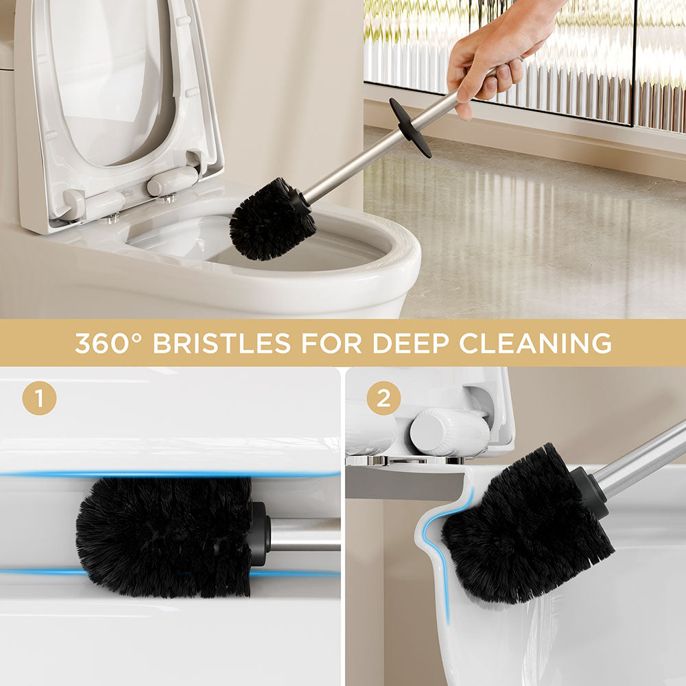 FORIOUS Toilet Brush and Holder Set, 304 Stainless Steel Long Handle and Heavy Duty Base for Bathroom Deep Cleaning, Drip-Proof, Space Saving for Storage, 2 Toilet Bowl Brush Head, Matte Black
