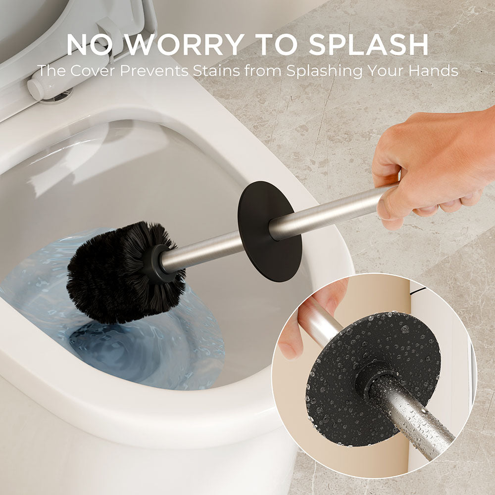 FORIOUS Toilet Brush and Holder Set, 304 Stainless Steel Long Handle and Heavy Duty Base for Bathroom Deep Cleaning, Drip-Proof, Space Saving for Storage, 2 Toilet Bowl Brush Head, Matte Black