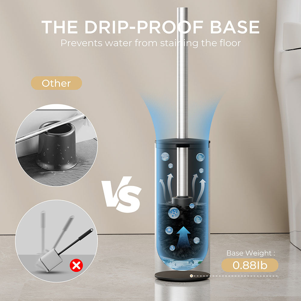 FORIOUS Toilet Brush and Holder Set, 304 Stainless Steel Long Handle and Heavy Duty Base for Bathroom Deep Cleaning, Drip-Proof, Space Saving for Storage, 2 Toilet Bowl Brush Head, Matte Black