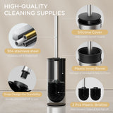 FORIOUS Toilet Brush and Holder Set, 304 Stainless Steel Long Handle and Heavy Duty Base for Bathroom Deep Cleaning, Drip-Proof, Space Saving for Storage, 2 Toilet Bowl Brush Head, Matte Black