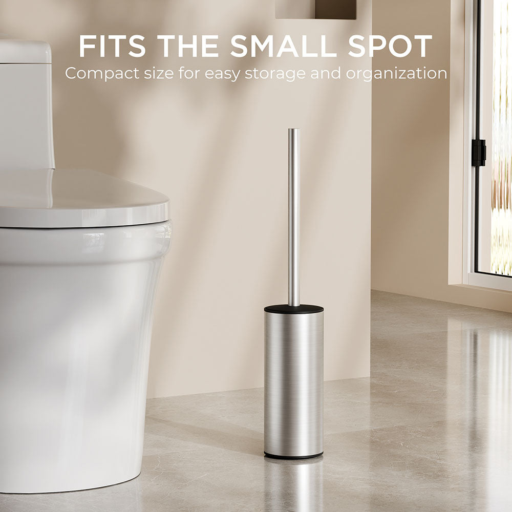 FORIOUS Toilet Brush and Holder Set, 304 Stainless Steel Long Handle and Heavy Duty Base for Bathroom Deep Cleaning, Drip-Proof, Space Saving for Storage, 2 Toilet Bowl Brush Head, Matte Black