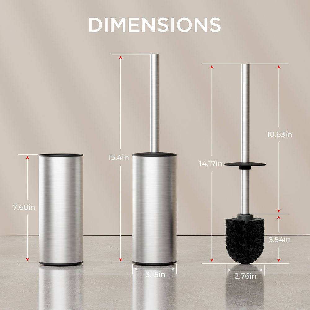 FORIOUS Toilet Brush and Holder Set, 304 Stainless Steel Long Handle and Heavy Duty Base for Bathroom Deep Cleaning, Drip-Proof, Space Saving for Storage, 2 Toilet Bowl Brush Head, Matte Black