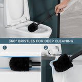 FORIOUS Toilet Brush and Holder Set, 304 Stainless Steel Long Handle and Heavy Duty Base for Bathroom Deep Cleaning, Drip-Proof, Space Saving for Storage, 2 Toilet Bowl Brush Head, Matte Black
