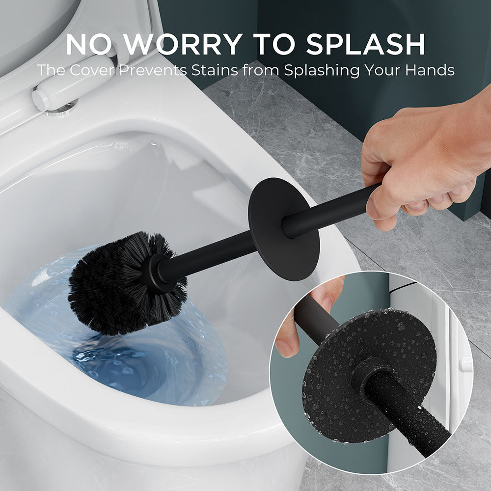 FORIOUS Toilet Brush and Holder Set, 304 Stainless Steel Long Handle and Heavy Duty Base for Bathroom Deep Cleaning, Drip-Proof, Space Saving for Storage, 2 Toilet Bowl Brush Head, Matte Black