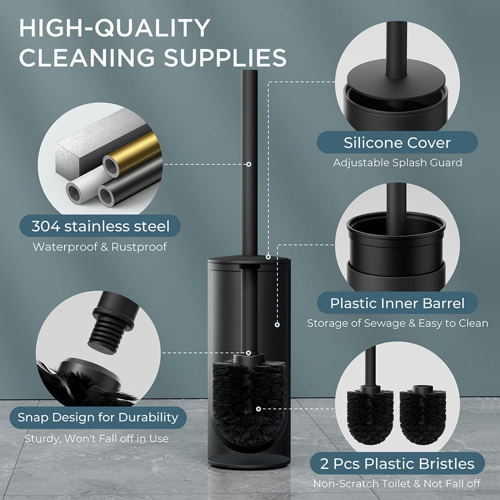 FORIOUS Toilet Brush and Holder Set, 304 Stainless Steel Long Handle and Heavy Duty Base for Bathroom Deep Cleaning, Drip-Proof, Space Saving for Storage, 2 Toilet Bowl Brush Head, Matte Black