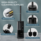 FORIOUS Toilet Brush and Holder Set, 304 Stainless Steel Long Handle and Heavy Duty Base for Bathroom Deep Cleaning, Drip-Proof, Space Saving for Storage, 2 Toilet Bowl Brush Head, Matte Black
