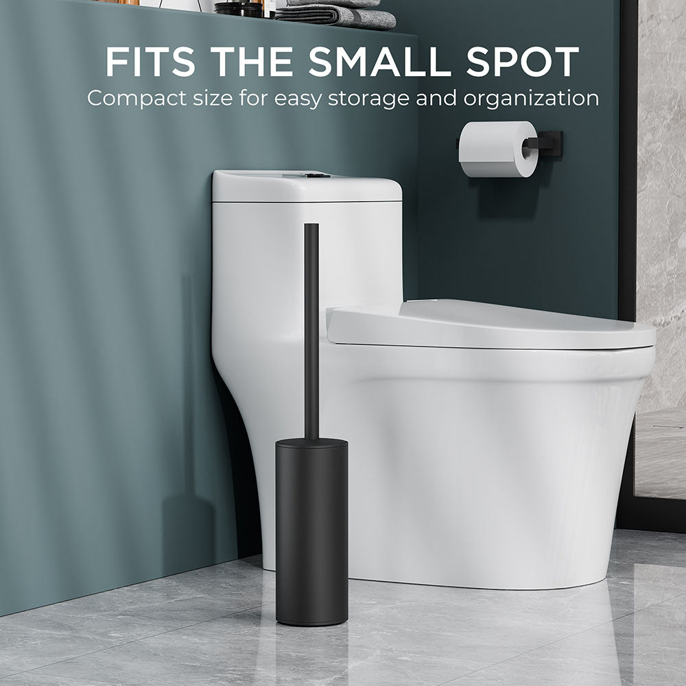 FORIOUS Toilet Brush and Holder Set, 304 Stainless Steel Long Handle and Heavy Duty Base for Bathroom Deep Cleaning, Drip-Proof, Space Saving for Storage, 2 Toilet Bowl Brush Head, Matte Black