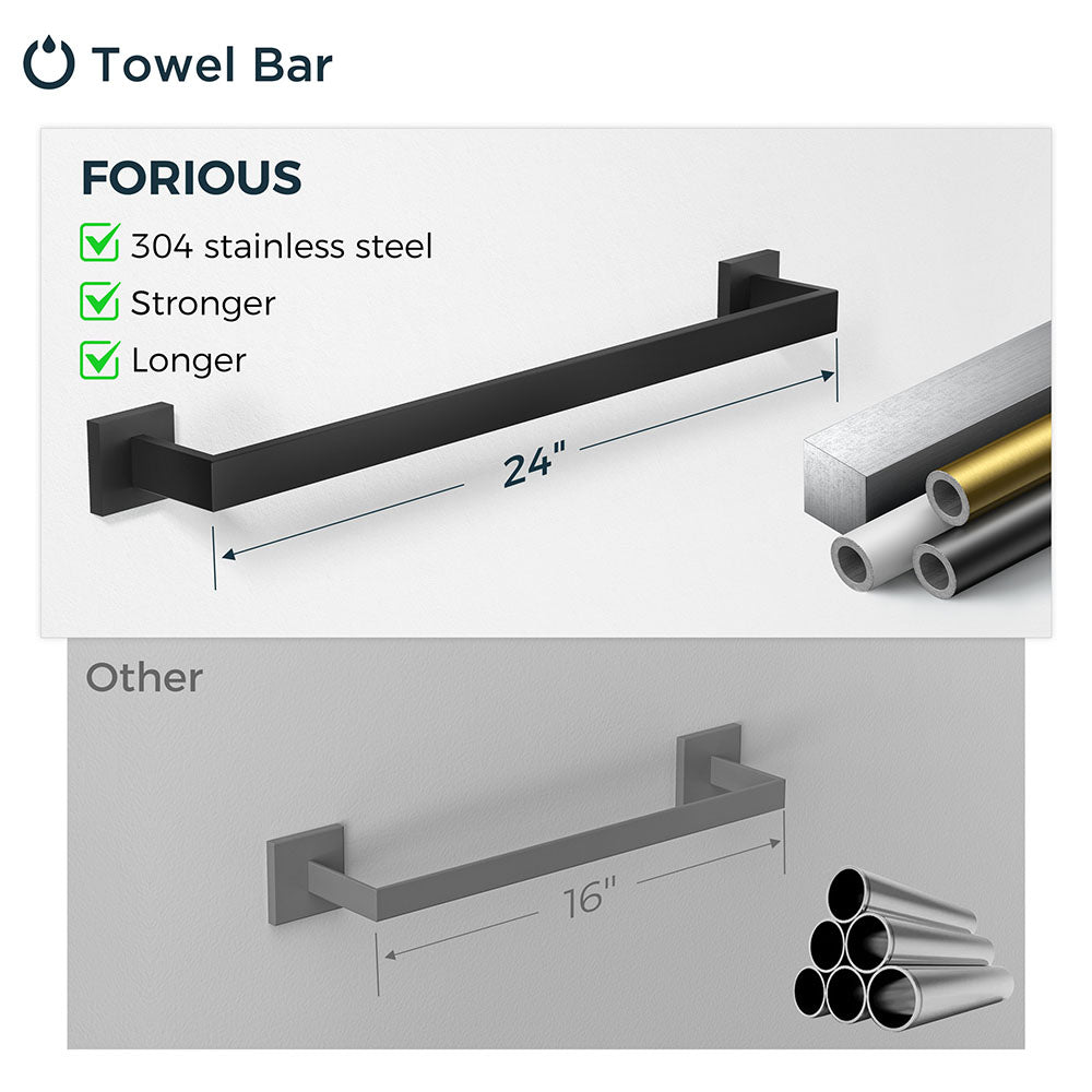 FORIOUS 4 Pieces Bathroom Hardware Accessories Set, Square 24 inch Towel Bar Set, SUS304 Stainless Steel Towel Rack Holder Set Wall Mounted, Matte Black