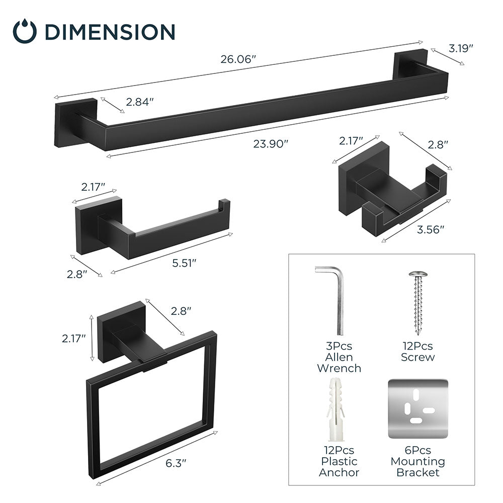 FORIOUS 4 Pieces Bathroom Hardware Accessories Set, Square 24 inch Towel Bar Set, SUS304 Stainless Steel Towel Rack Holder Set Wall Mounted, Matte Black
